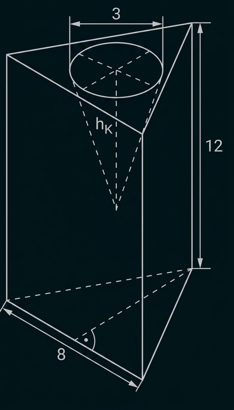 Geometrische Skizze eines Kegels mit Maßen und Hilfslinien in einem Prisma.